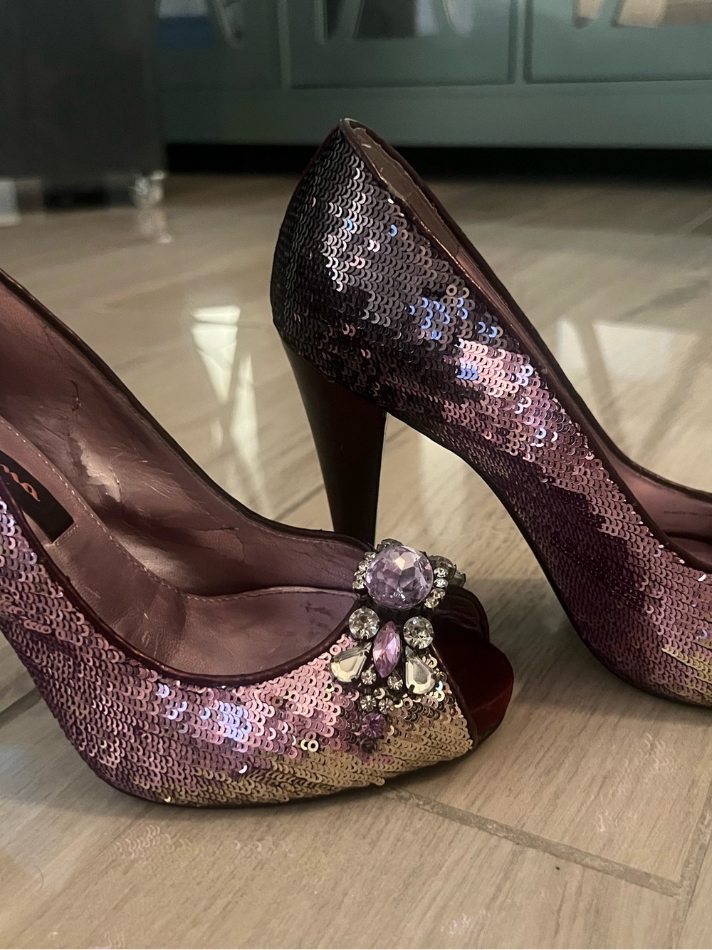 Sequin Embellished Purple Peep-Toe High Heels
